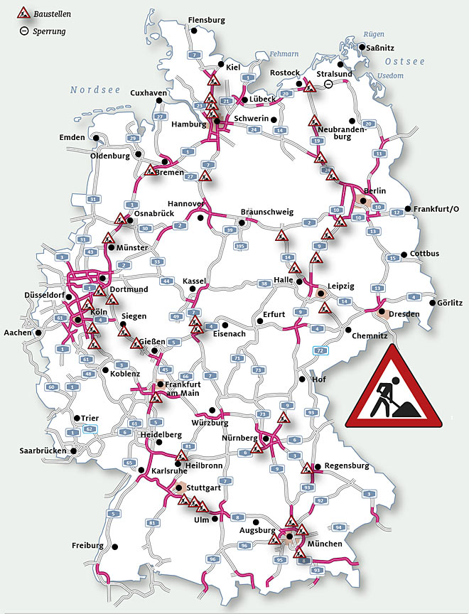 Karte: Baustellen-Bereiche auf Autobahnen 2018 [Autokiste]
