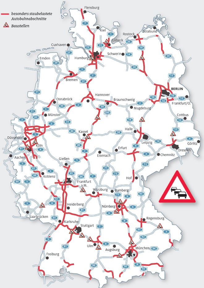 Sommerfereien 2016: Die Karte visualisiert die besonders staugefhrdeten Autobahn-Abschnitte in Deutschland