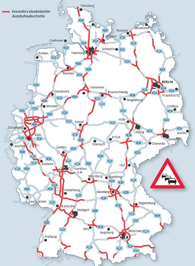 Die Deutschland-Karte visualisiert die wichtigsten Autobahn-Staubereiche im Sommerreiseverkehr 2017
