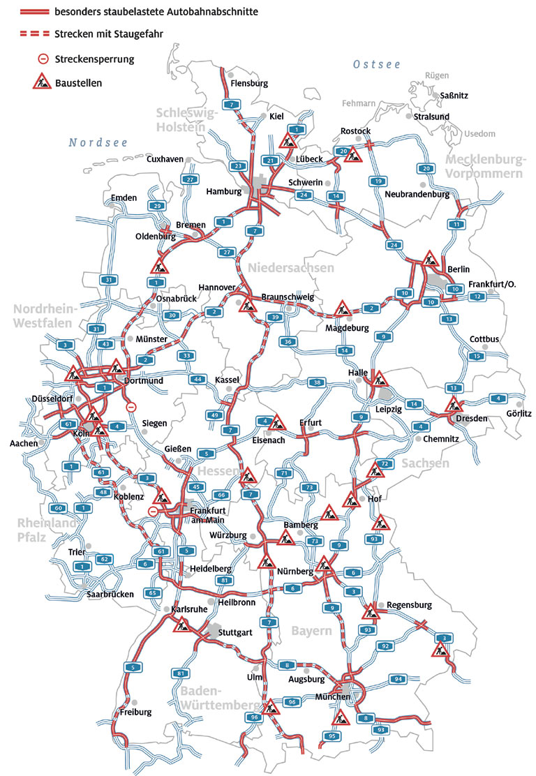 Die ADAC-Karte zeigt die wichtigsten Staustrecken auf Autobahnen im Sommerreiseverkehr 2022