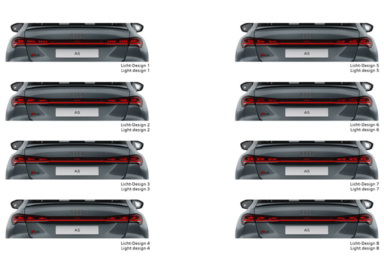 Audi setzt weiter auf Lichttechnik. Die optionalen OLED-Rckleuchten knnen acht verschiedene Stile darstellen und auch Piktogramme wie ein Warndreieck einblenden. Die Helligkeikt ist variabel gesteuert