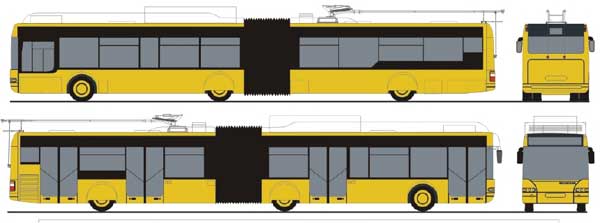 Skizzen des neuen Trolley-Busses von Neoplan fr Olympia 2004 Athen