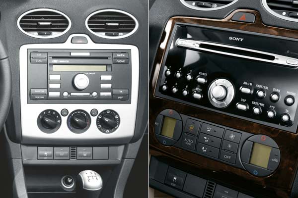 Im Vergleich: Links Ford-Radiosystem und Heizanlage, rechts groes CD-Radio von Sony und Zwei-Zonen-Klimaautomatik
