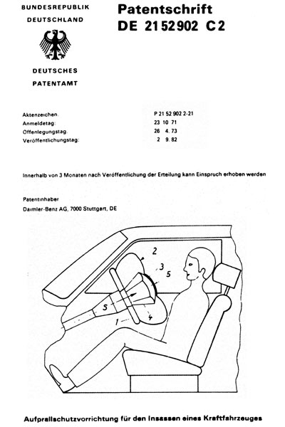 Die Forschung zum Thema Airbag begann bei Mercedes 1967; die Patentschrift datiert von 1971