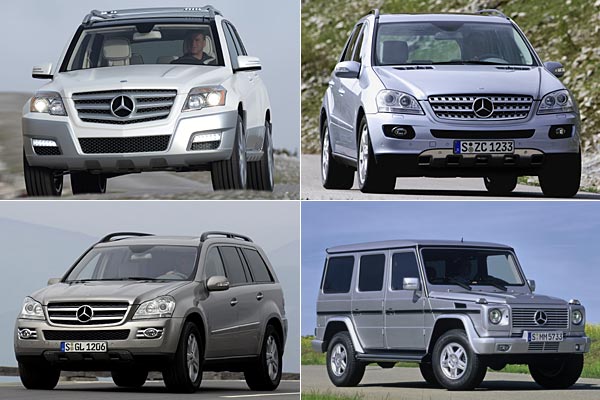 Viererbande: Knftig hat Mercedes vier SUVs bzw. Gelndewagen im Portfolio: Neben dem kompakten GLK die gelungene ML-Klasse, den groen GL und das famose G-Modell