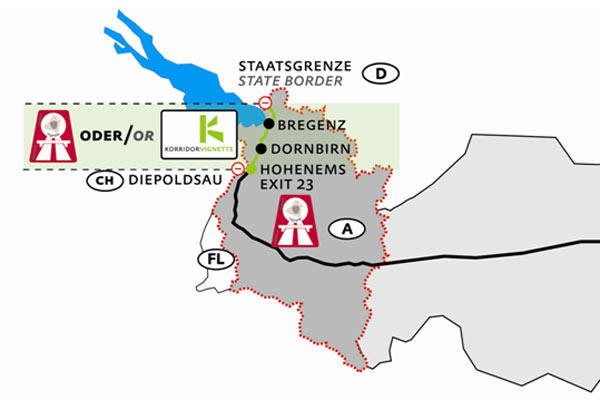 Die Karte zeigt die Mautstrecke, den etwa 23 Kilometer langen Korridor zwischen der deutschen Grenze am Bodensee und Hohenems nahe der Schweizer Grenze