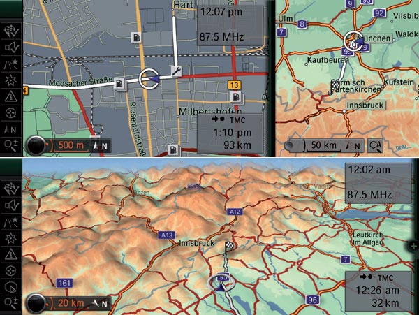 Das Navi »Professional« kann jetzt zwei Kartenmastbe nebeneinander anzeigen (oben) und bietet im Gebirge eine Darstellung der Topografie