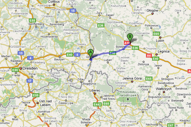 Lückenschluss in Polen: Mit dem jetzt erfolgten Lückenschluss östlich von Görlitz auf polnischer Seite besteht eine durchgehende Autobahn von Dresden nach Krakau. <a class='ext' target='_blank' href='http://maps.google.de/maps?f=d&source=s_d&saddr=g%C3%B6rlitz&daddr=Krzyzowa&hl=de&geocode=&mra=ls&sll=51.153078,14.975052&sspn=0.304069,0.615921&ie=UTF8&ll=50.927276,15.15564&spn=2.444533,4.927368&z=8'>Großansicht bei Google Maps</a>