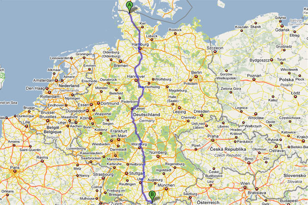 Tagestour: Die A7 ist nun durchgehend von der dänischen Grenze bei Flensburg bis zur österreichischen Grenze bei Füssen befahrbar. Die Distanz beträgt 968 Kilometer