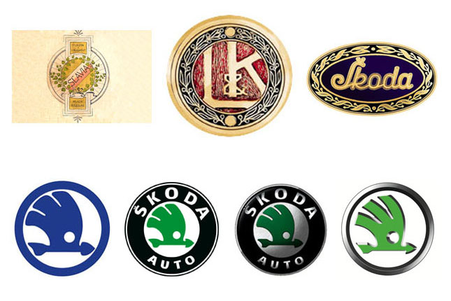 Blick in die Logo-Historie von Škoda (v.l.n.r.): 1895-1905, 1905-1925, 1926-1933 (oben); 1926-1990, 1990-1999, 1999-2011, ab 2011
