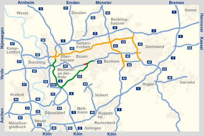 Kleine Sperrung, große Wirkung: Der sogenannte Ruhrschnellweg, die Autobahn A40, wird vom 7. Juli bis 30. September 2012 wegen diverser Baumaßnahmen voll gesperrt. Die Karte zeigt die großräumigen Umfahrungen