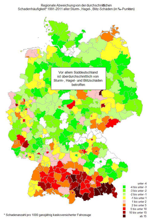 Vor allem in Baden-Wrttemberg und im sdlichen Bayern treten viele Unwetterschden auf, wie die 20-Jahre-Grafik zeigt