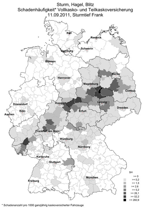 Den grten Schaden richtete 2011 Sturmtief »Frank« im Zulassungsbezirk Dessau-Rolau in Sachsen-Anhalt an. Die Grafik zeigt, wie sich die Unwetterfront bewegte