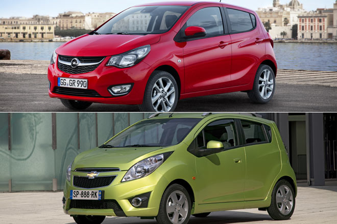 Im Vergleich zum zugrundeliegenden Chevrolet Spark ist der Opel Karl wesentlich geflliger gezeichnet, speziell was Trgriffe, Scheinwerfer und Spiegeldreick betrifft